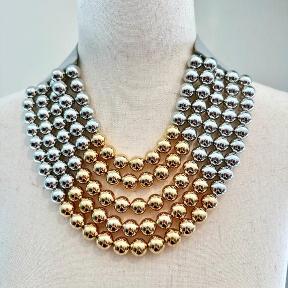 2-Tone Metallic NEW Stunning Shine Beaded 7-Strand Bib Gold Silver Necklace - Picture 5 of 10